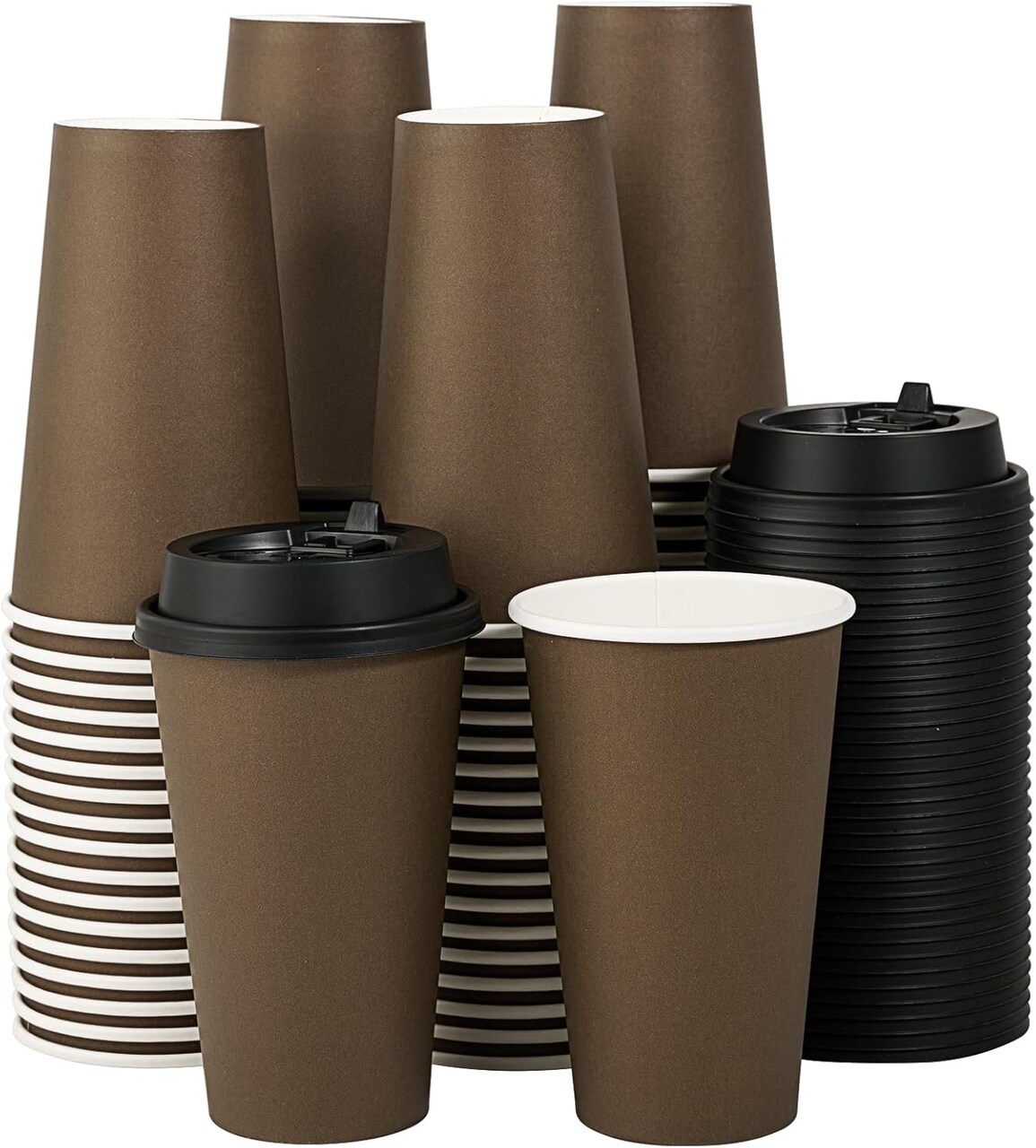 100 Pack 16 oz Disposable Paper Coffee Cups with Lids for Coffee, Water, Juice, or Tea, Brown Hot Paper Cups for Home, Restaurant, Store, and Cafe